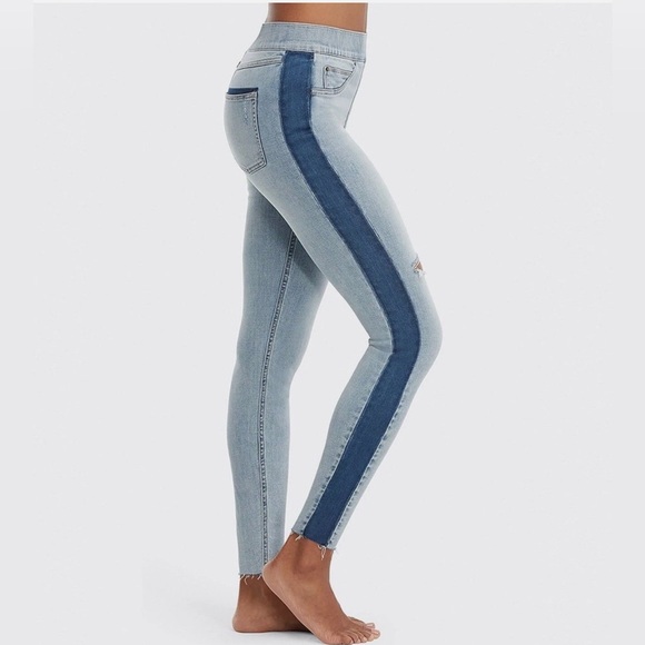 Spanx Distressed Skinny Jean With Side Stripe Light Wash Blue Size L - Picture 4 of 14